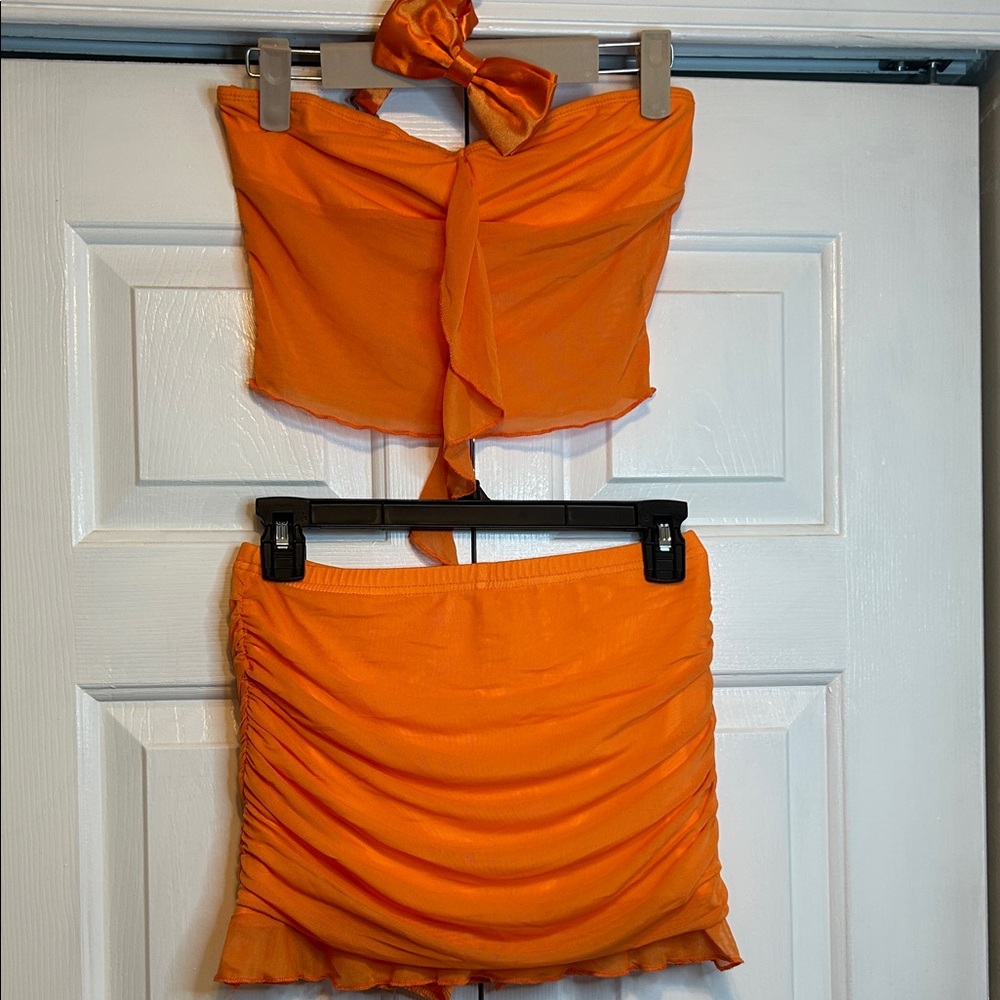 SHEIN Bold Orange Pencil Skirt, strapless top and bow tie. Halloween Costume